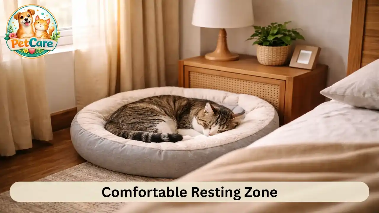 Indoor cat sleeping peacefully on a soft bed in a quiet apartment bedroom corner