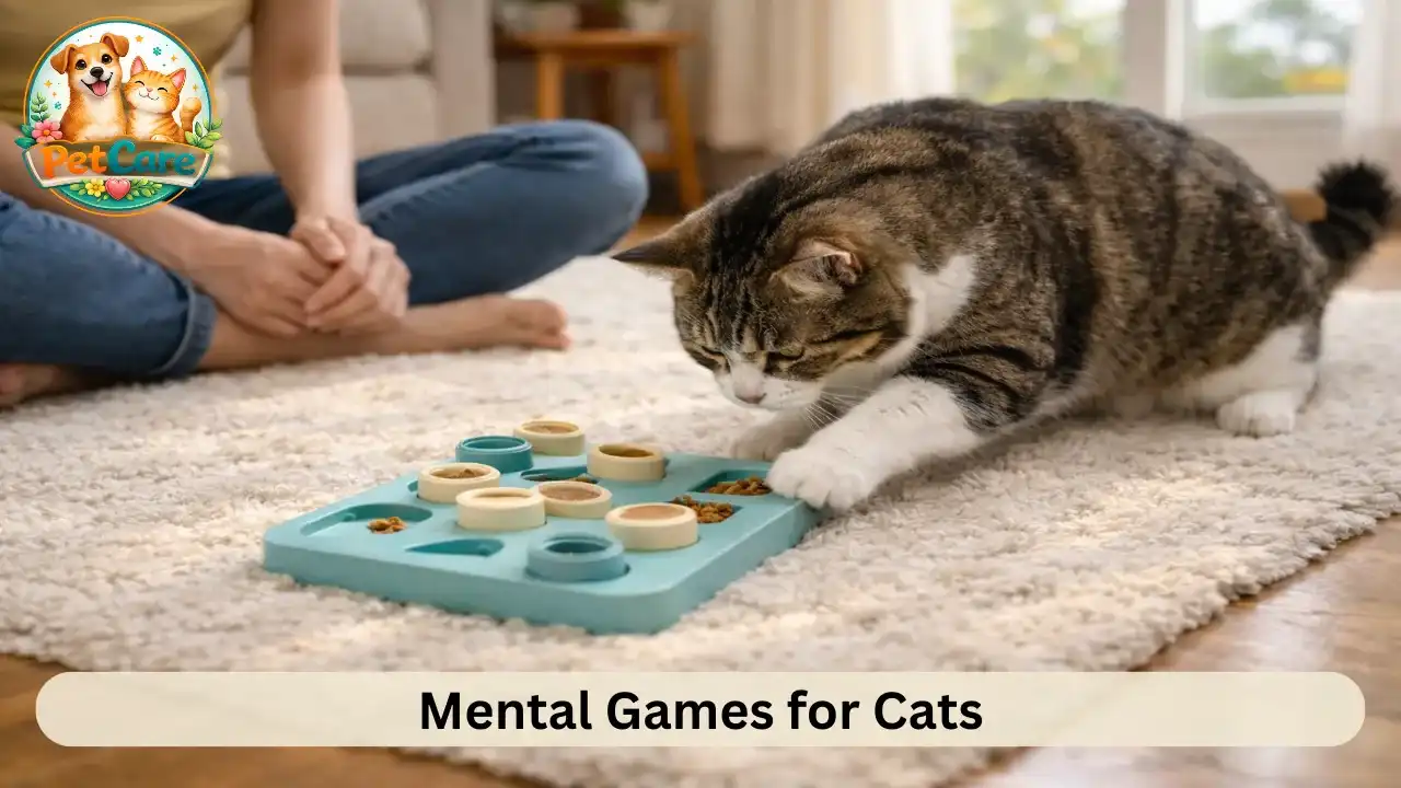 Indoor cat using a puzzle toy while sitting on the floor of a comfortable home living room.