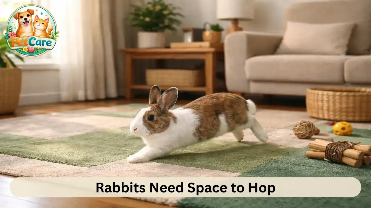 Indoor pet rabbit hopping freely on a soft rug while exploring a safe play area inside a home