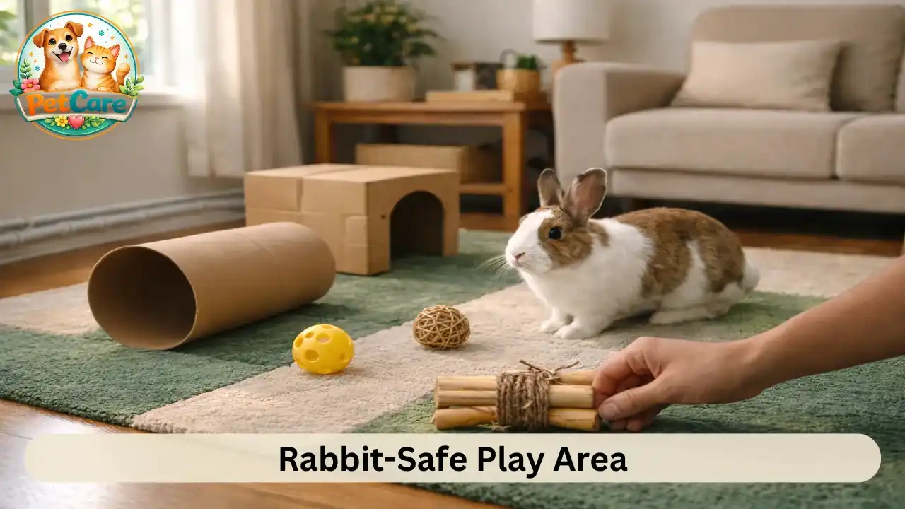 Indoor rabbit play space arranged safely with soft flooring, toys, and protected cables in a home