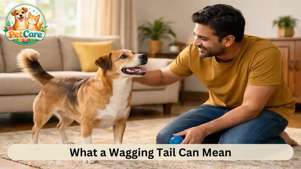 Indoor scene showing a dog wagging its tail while interacting playfully with its owner