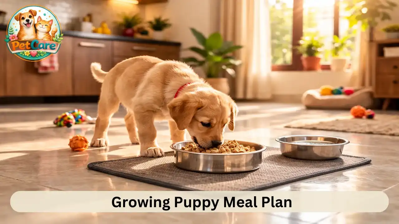 Medium-sized puppy enjoying its scheduled meal indoors with natural light.