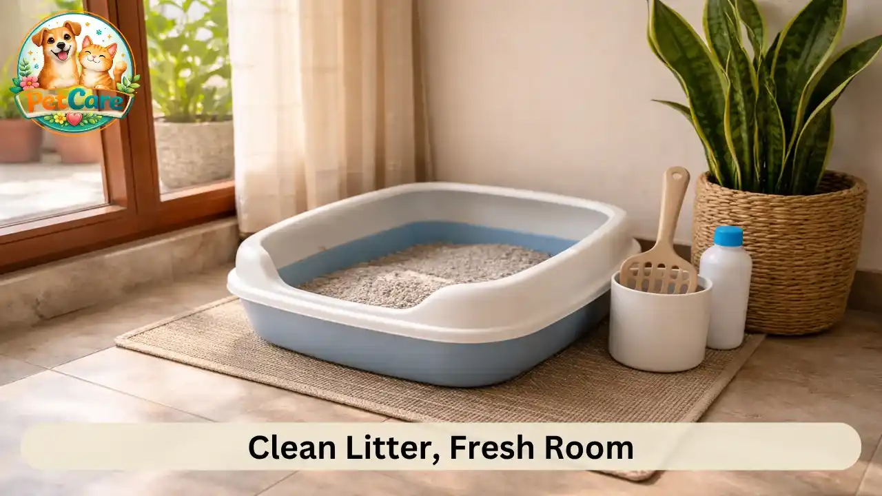 Neatly maintained cat litter tray placed in a well-ventilated corner of a home.