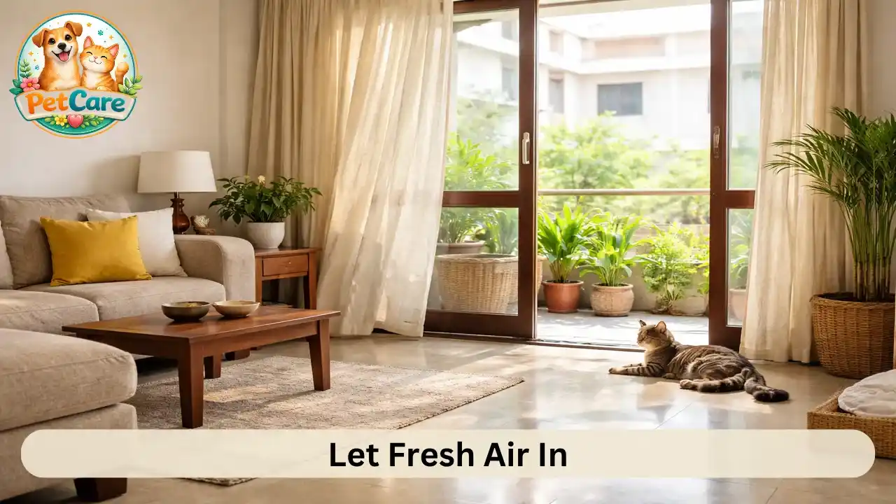 Open windows in an Indian home with sunlight coming in while a pet cat relaxes nearby.