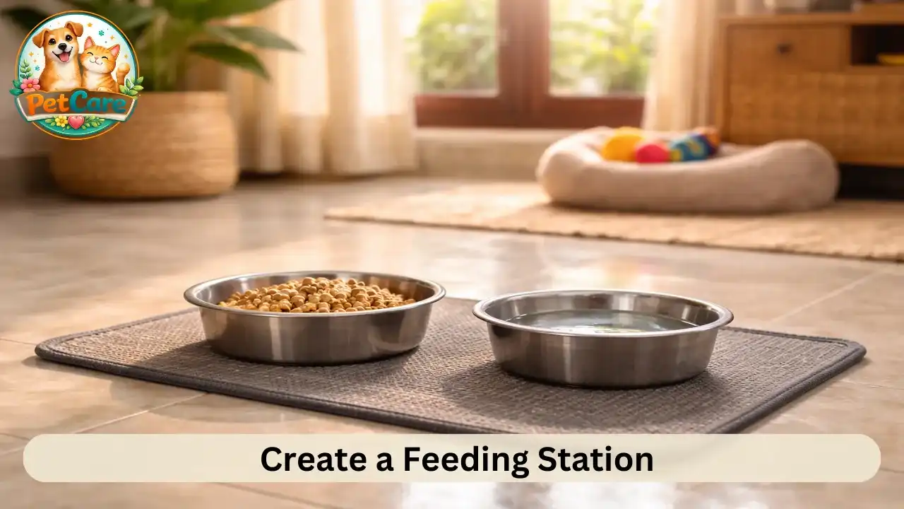 Organized puppy feeding area with food and water bowls placed neatly on a mat.
