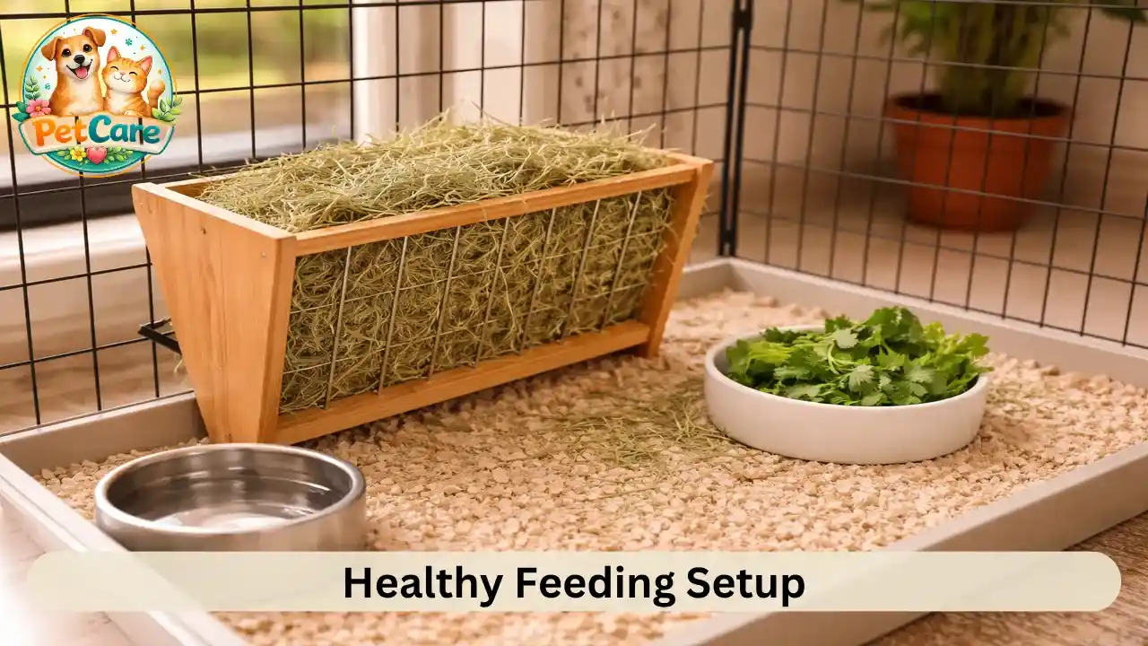 Organized rabbit feeding area with fresh water and hay in a clean home.