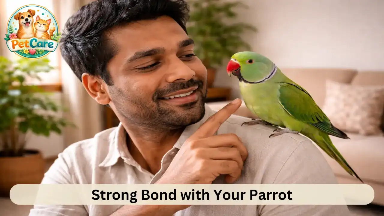 Owner and parrot sharing a calm bonding moment in a comfortable home environment