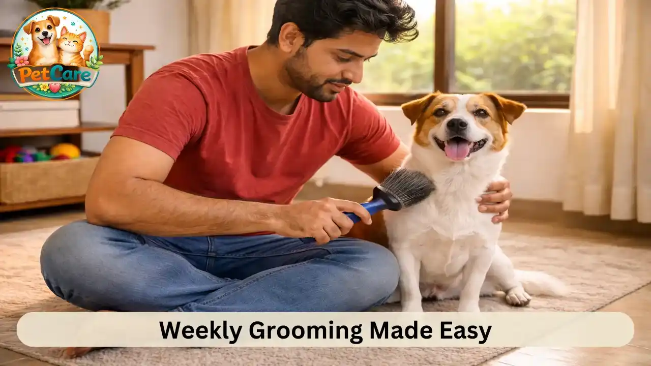 Owner brushing their dog indoors during a calm grooming session at home