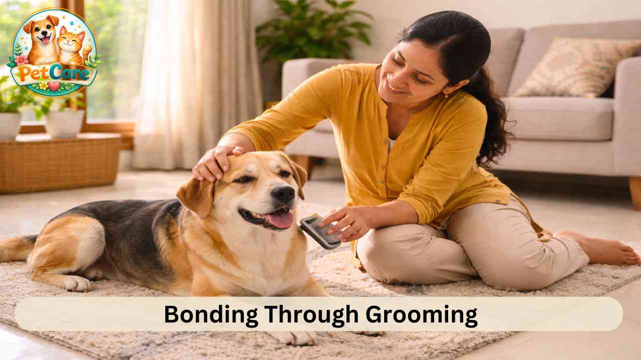 Owner calmly brushing their dog while spending quiet bonding time together indoors