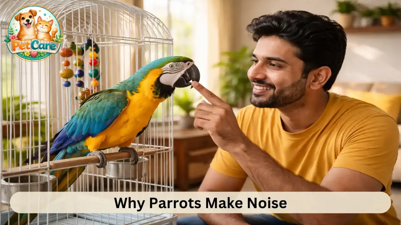 Owner calmly spending time with a pet parrot in a bright home setting.