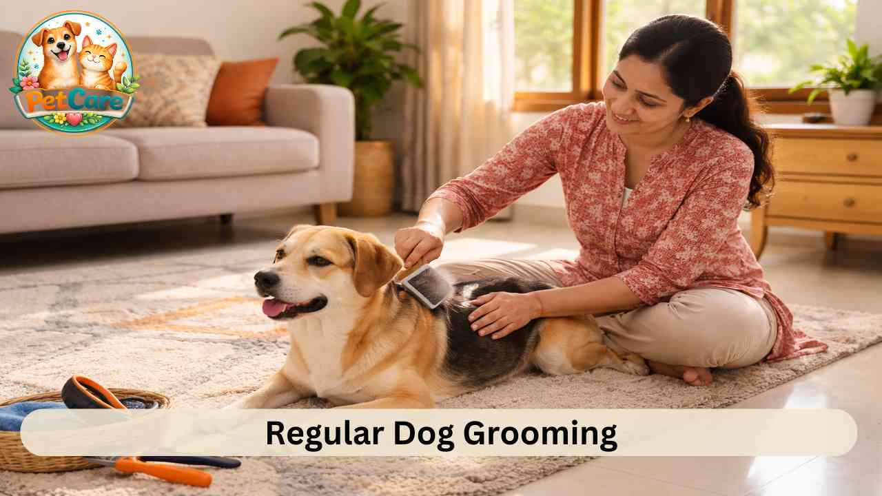 Owner following a simple grooming routine by brushing their dog on the living room floor