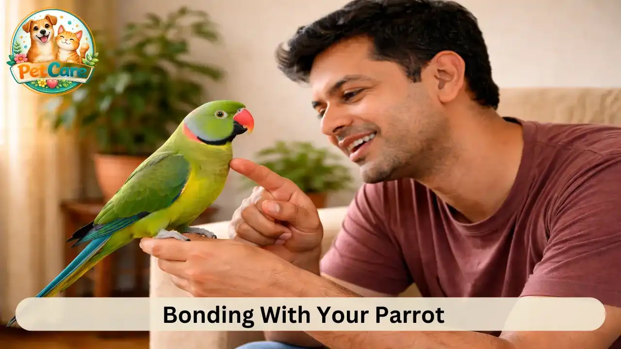 Owner gently holding a pet parrot while spending calm bonding time inside a home.