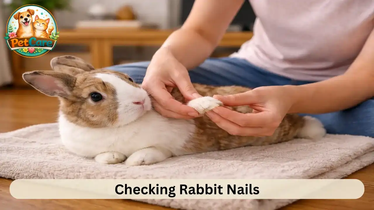 Owner gently holding a rabbit’s paw while inspecting the nails during a grooming routine.