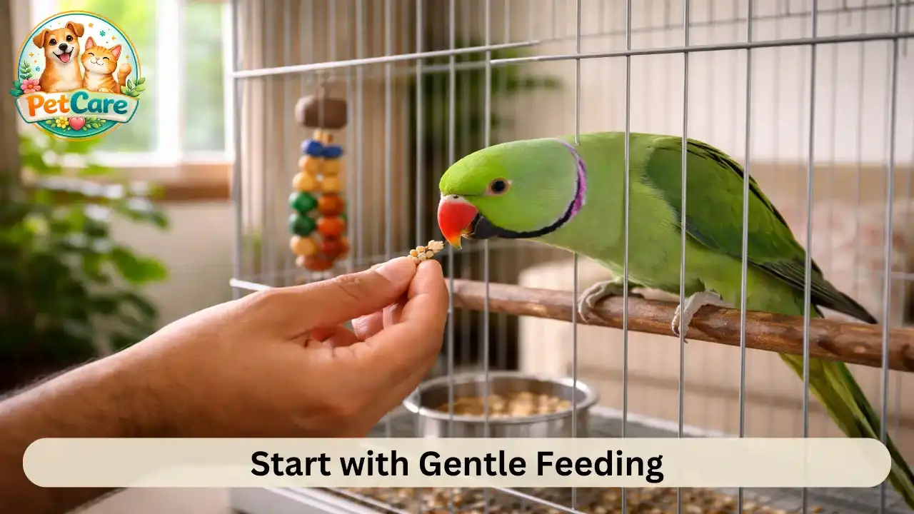 Owner offering food to parrot slowly to build comfort and familiarity