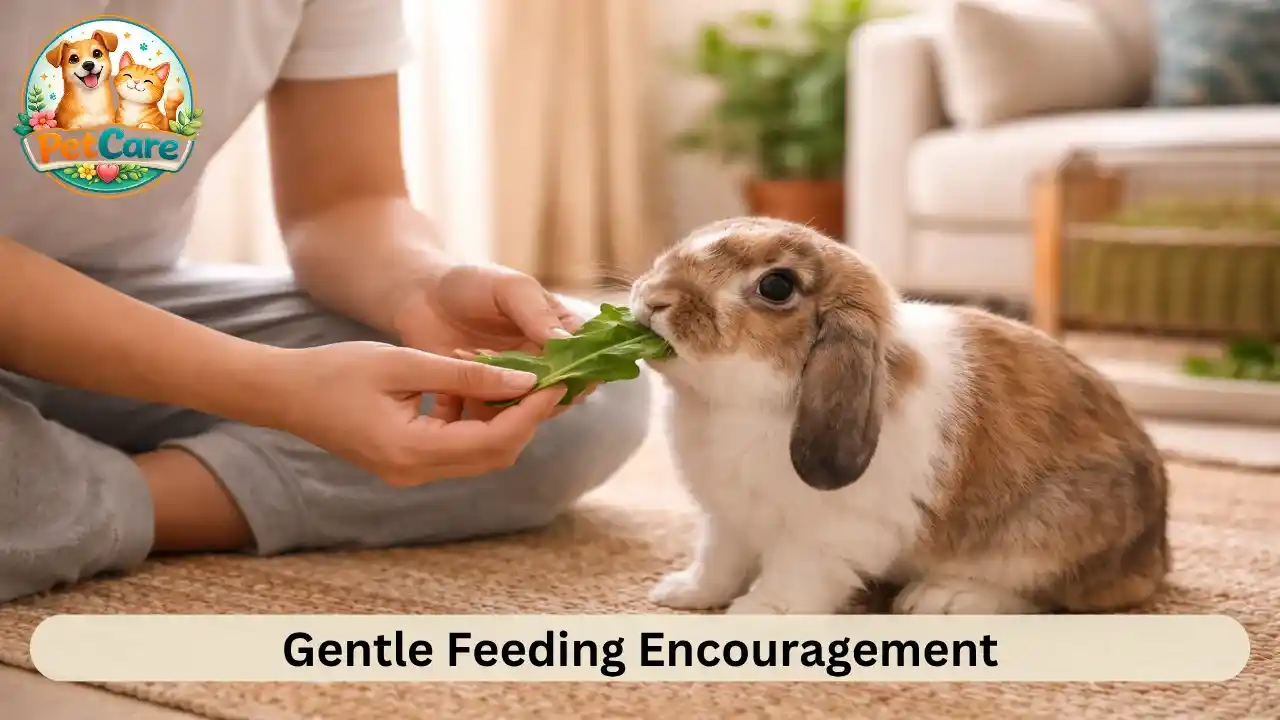 Owner offering fresh leafy greens to a calm rabbit indoors.