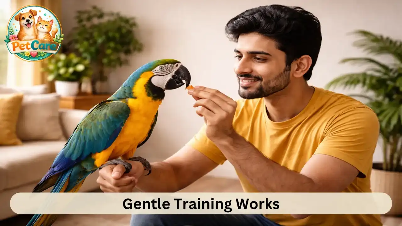 Owner patiently interacting with a pet parrot during a quiet training session.