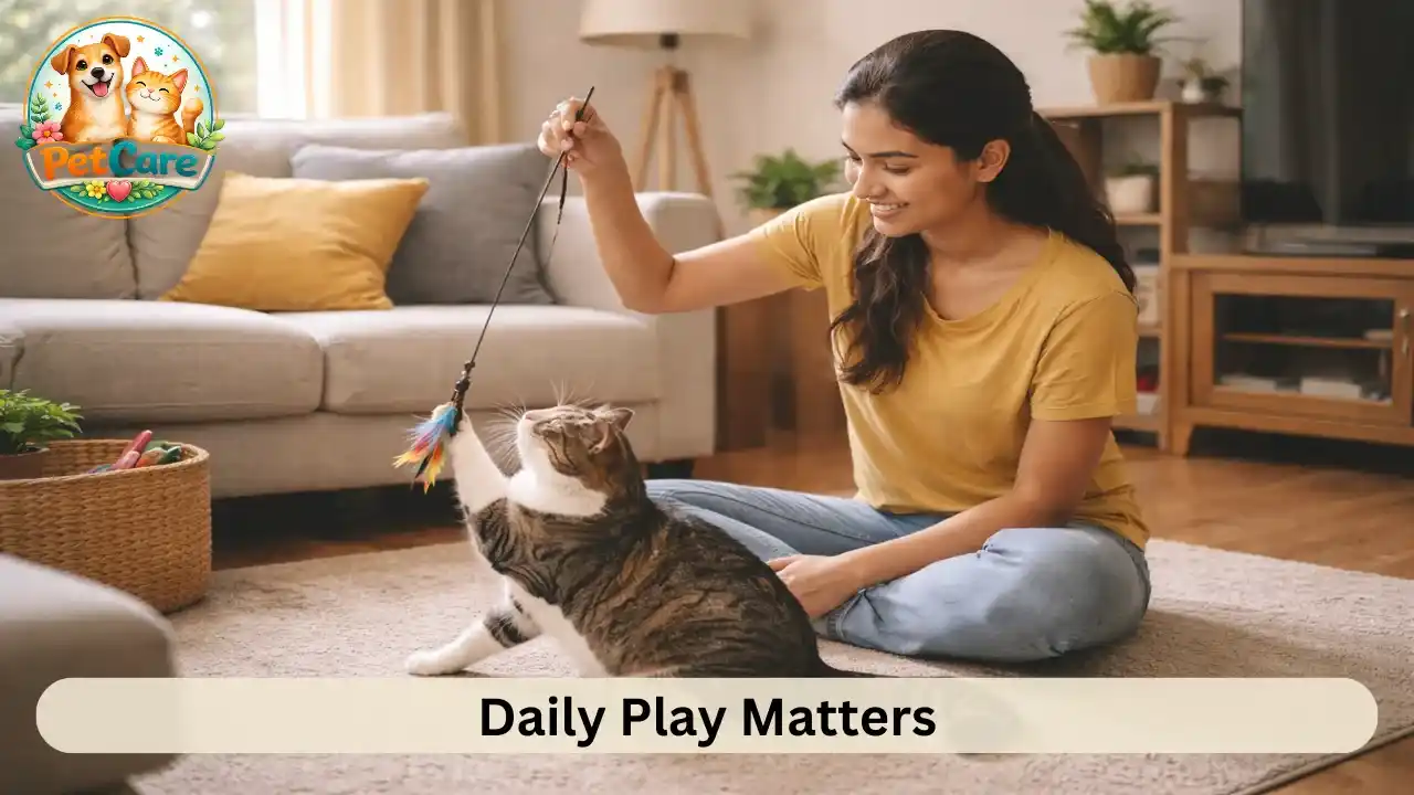 Owner playing interactively with indoor cat using a toy wand in a compact apartment