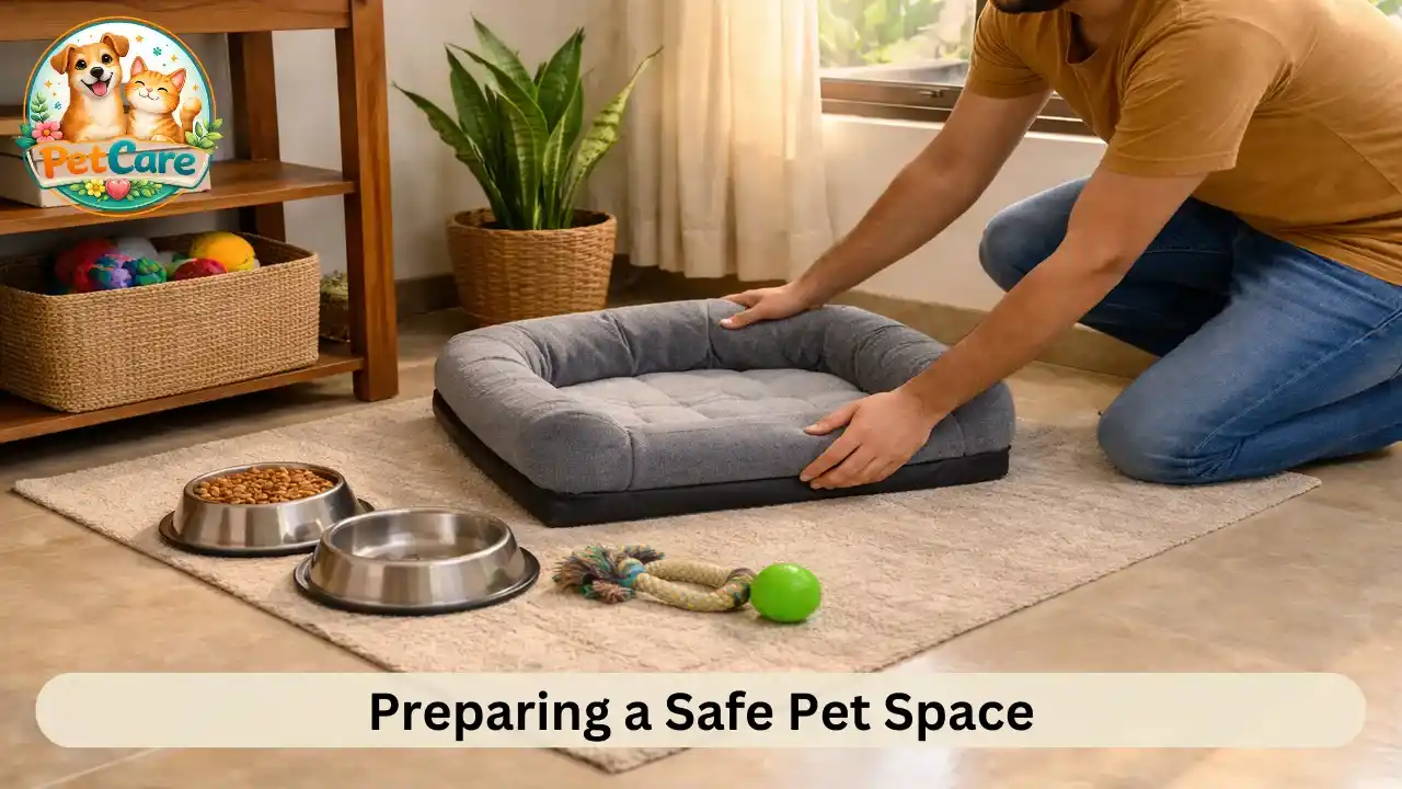 Owner setting up a comfortable resting corner with pet bed and bowls inside an Indian home