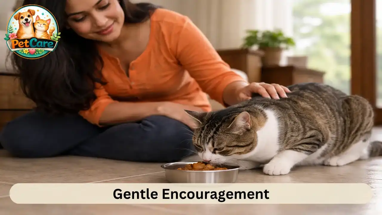 Owner sitting calmly near their cat while it eats in a relaxed home environment