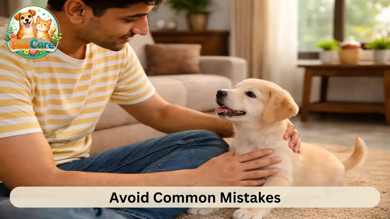 Owner sitting calmly with puppy showing gentle interaction without rough play