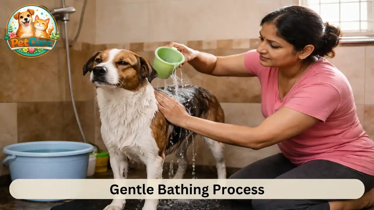 Owner slowly pouring water over their dog during a calm and safe bathing routine