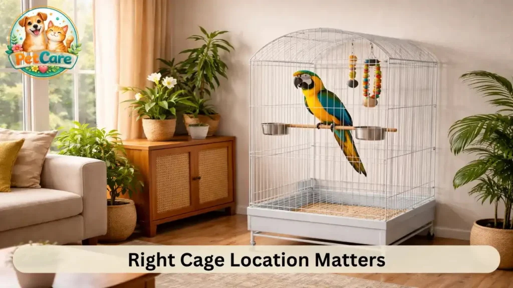 Parrot cage placed near natural light in a comfortable home environment.