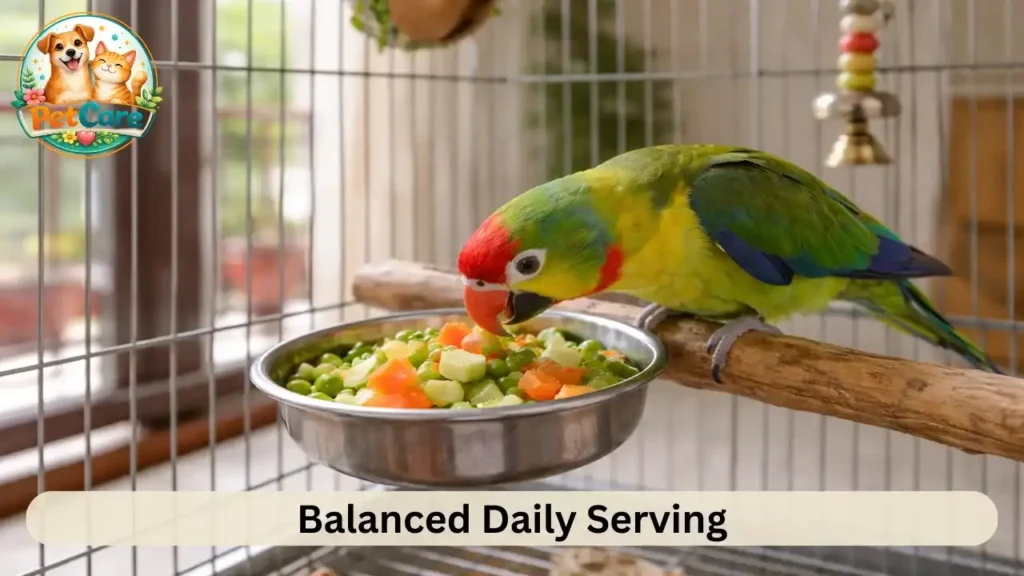 Parrot enjoying a small portion of freshly chopped vegetables in its feeding bowl inside a home setting.