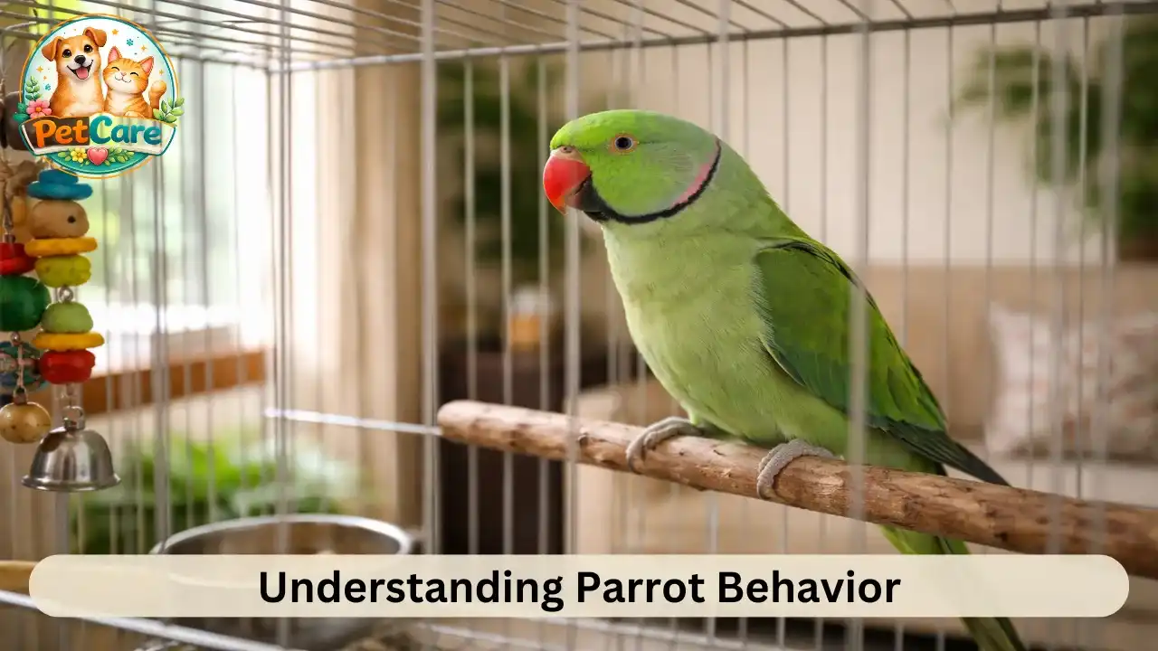 Parrot quietly observing surroundings inside a comfortable home cage