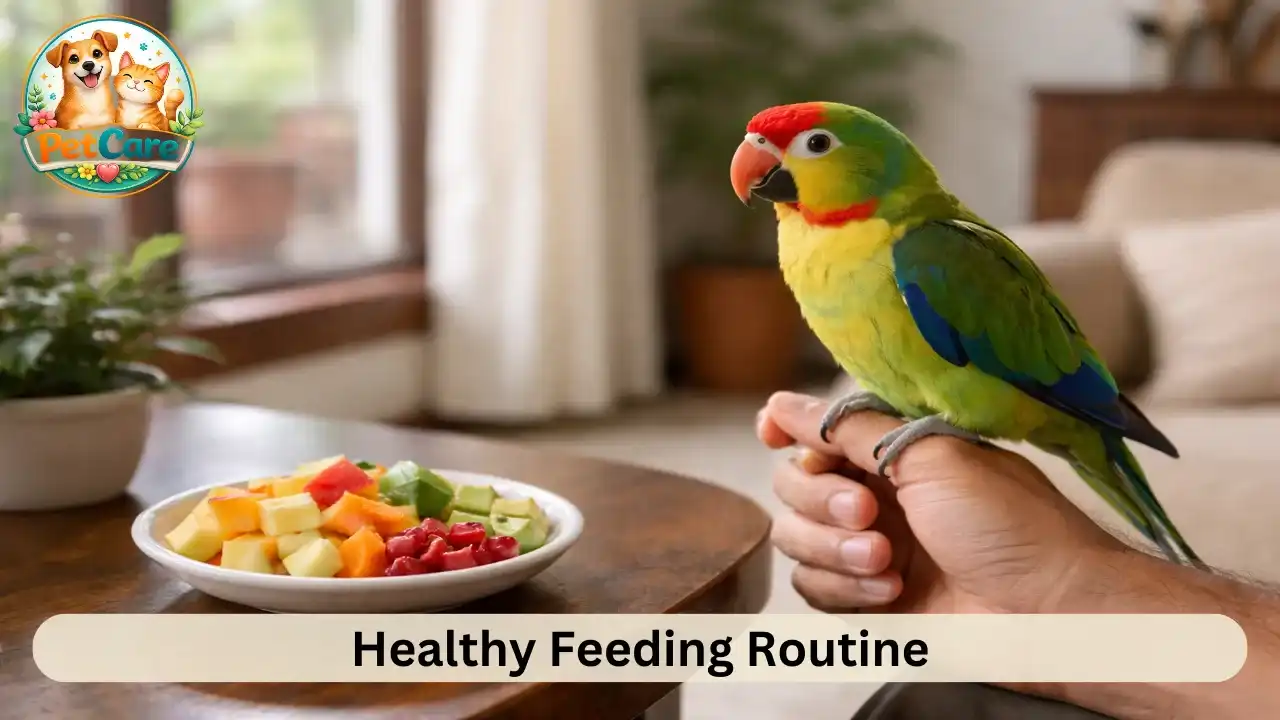 Parrot sitting comfortably on its owner’s hand with a bowl of freshly prepared food nearby in a bright home environment.