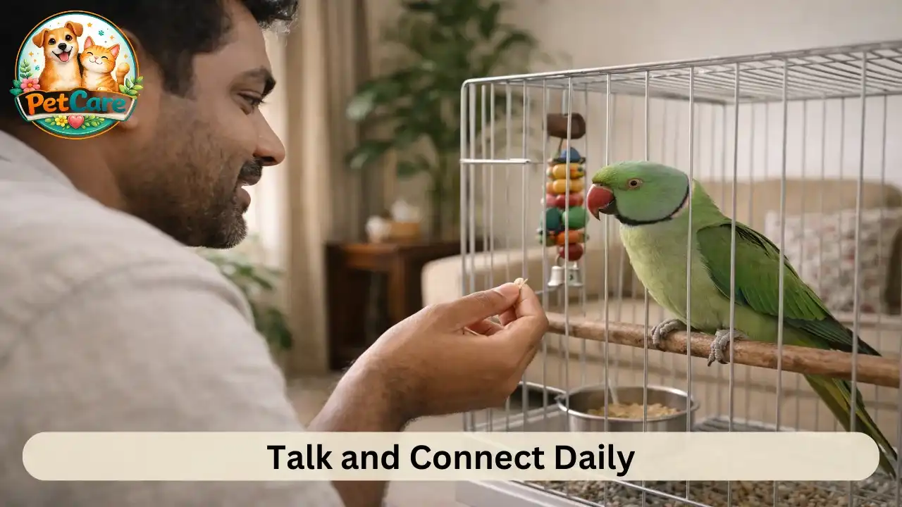 Person calmly talking to their pet parrot near the cage in a home setting