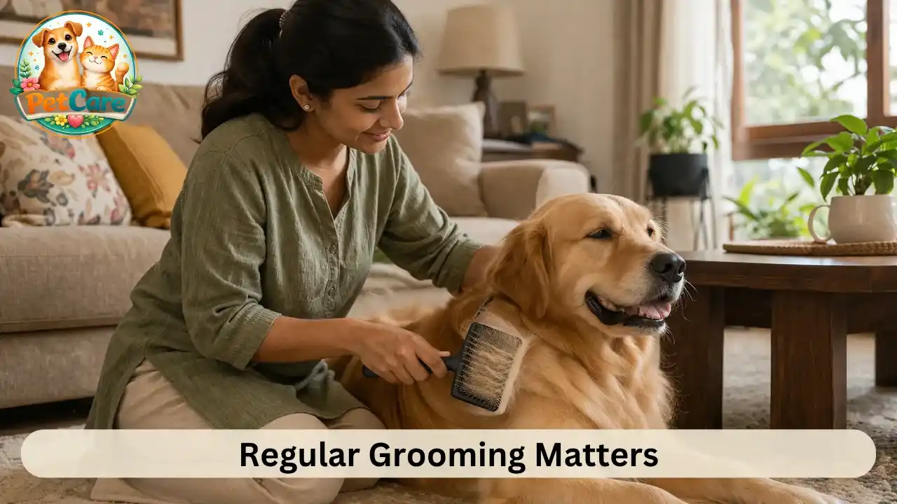Pet owner brushing their dog indoors to reduce shedding and maintain cleanliness at home.