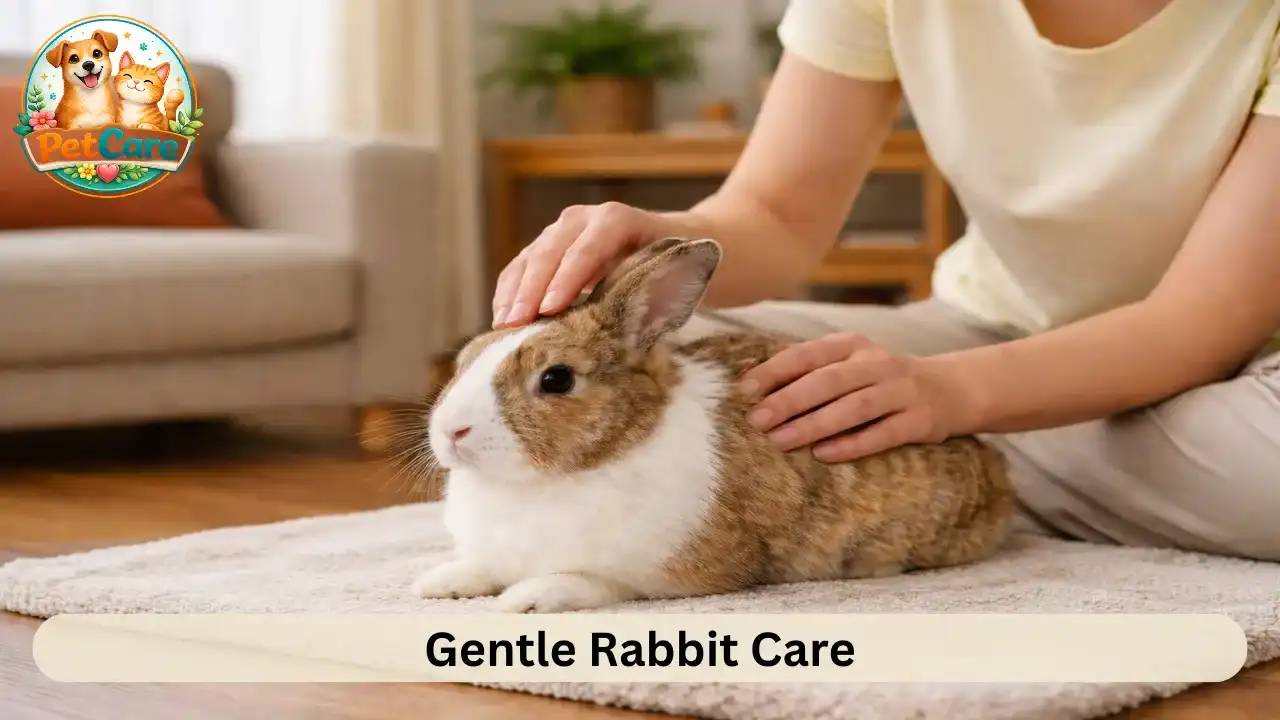 Pet owner calmly checking a rabbit’s coat while spending quiet bonding time indoors.