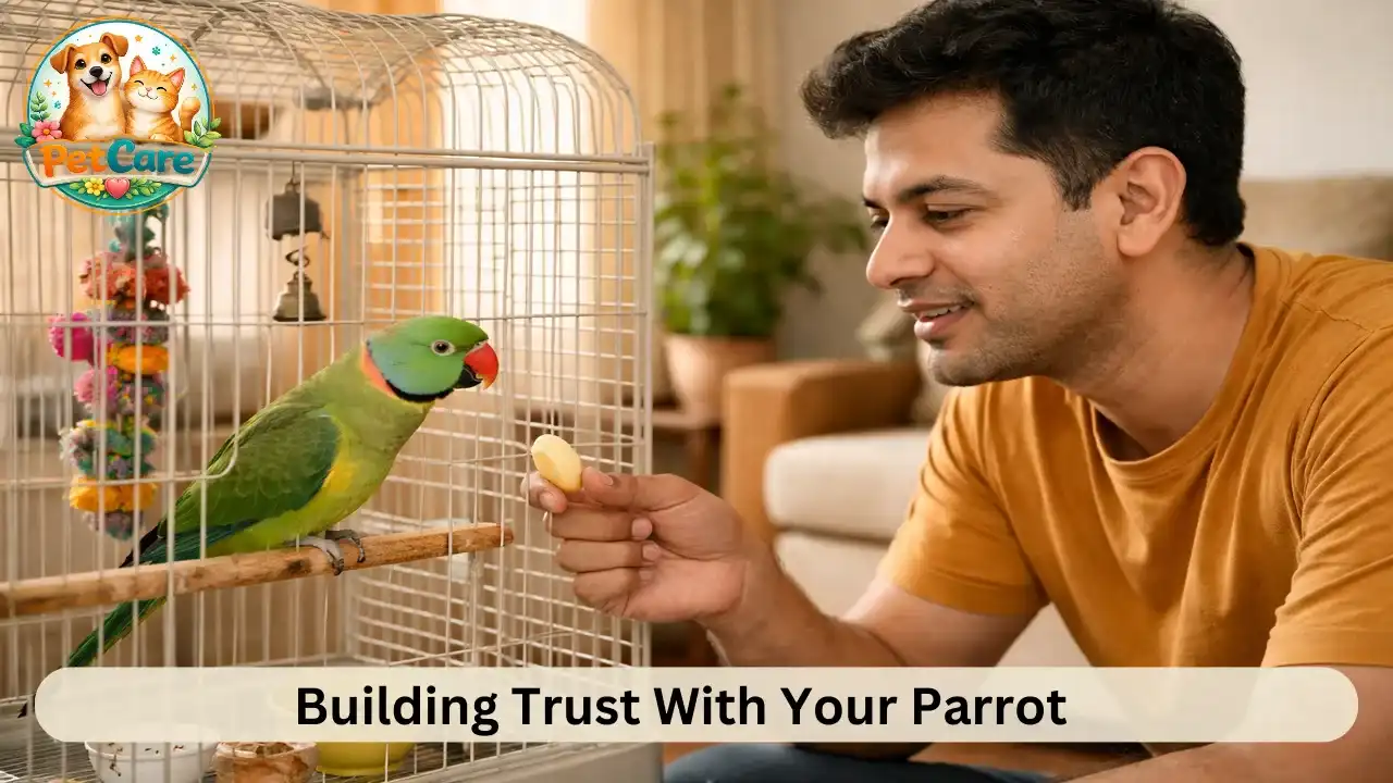 Pet owner calmly interacting with a parrot near its cage in a peaceful home environment.
