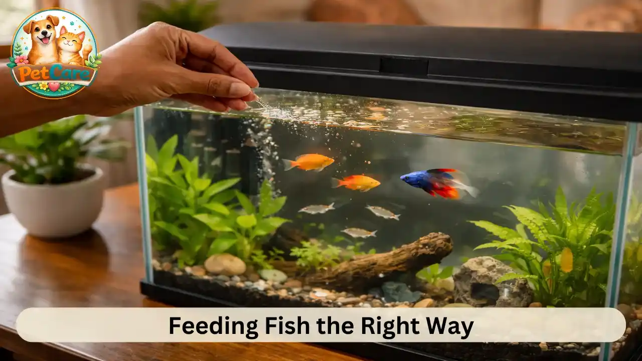 Pet owner carefully feeding fish in a home aquarium using a small amount of fish food.