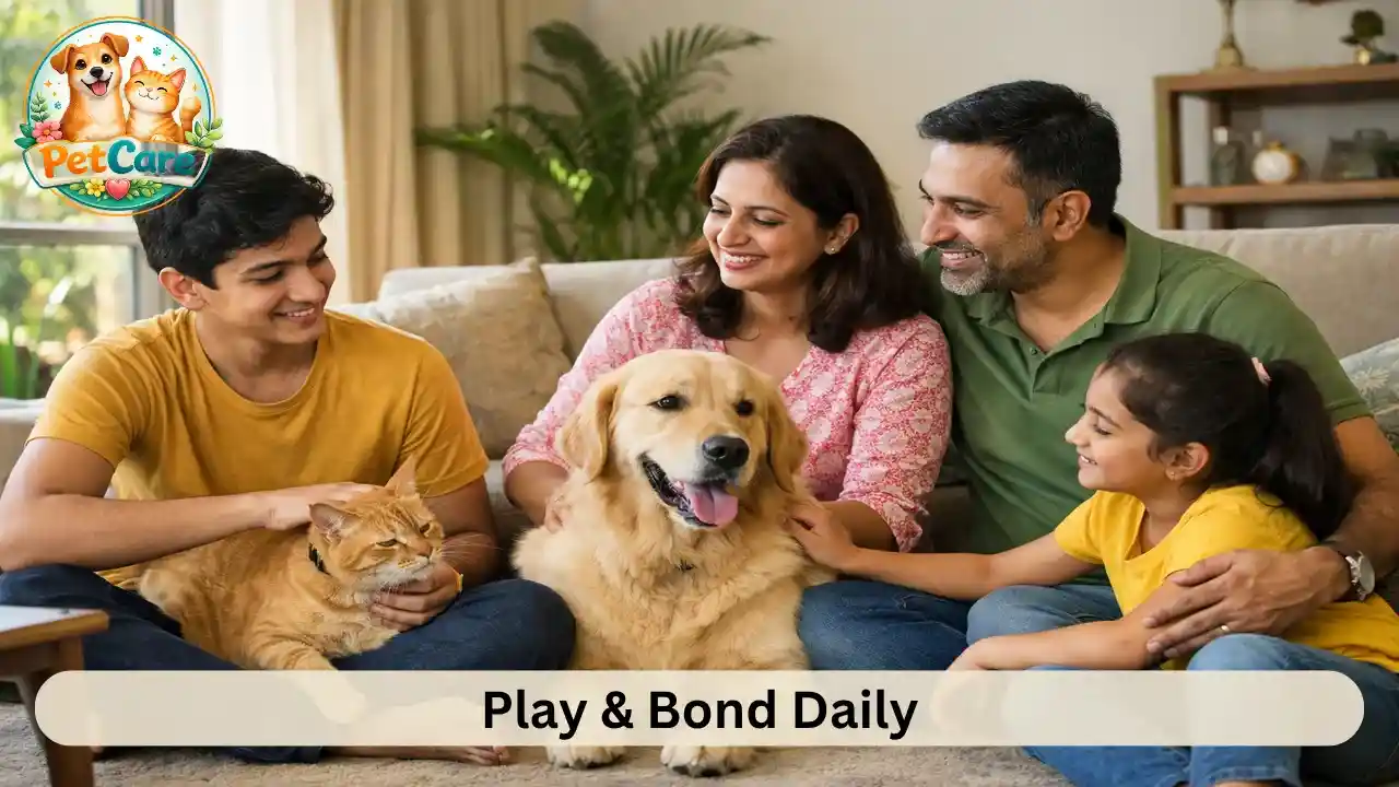 Pet owner enjoying playtime with their pet in a bright and tidy living room