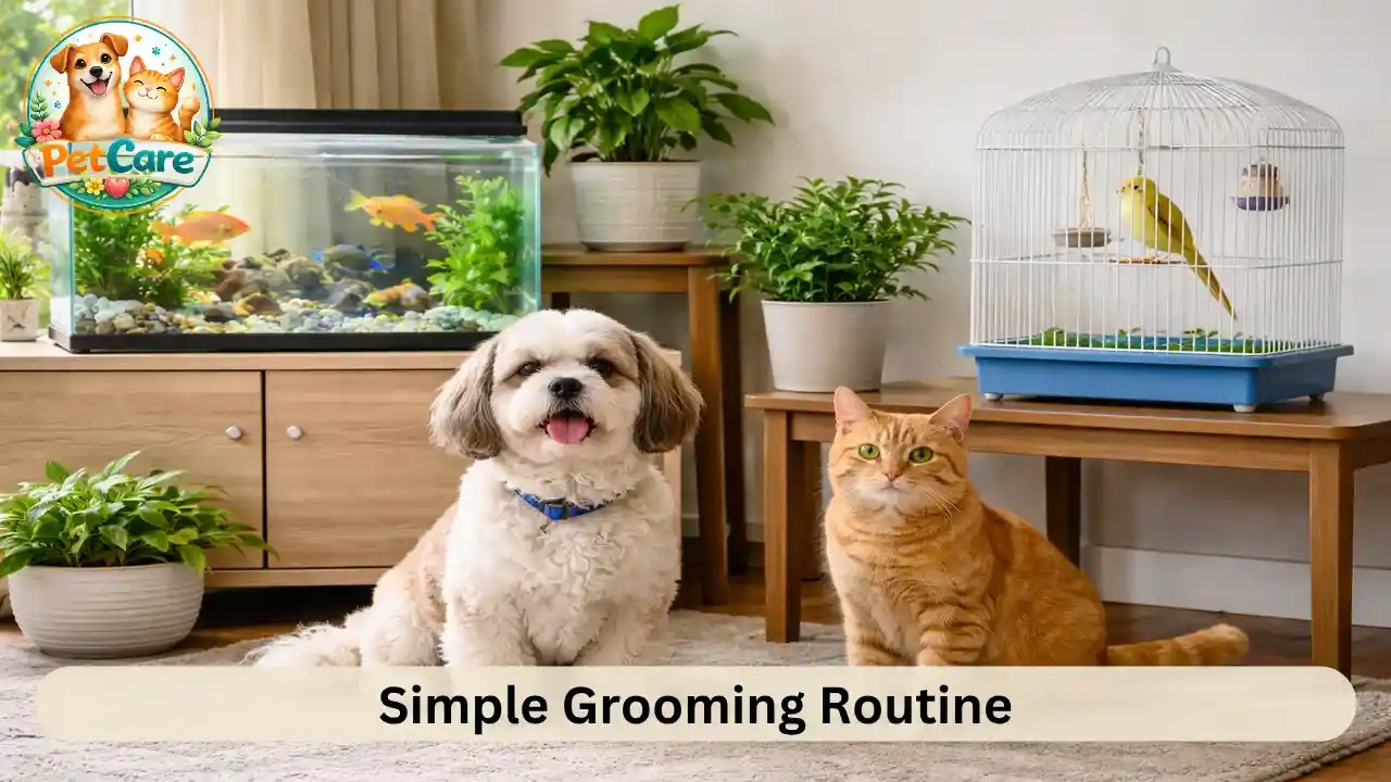 Pet owner gently brushing their pet in a calm and clean indoor space