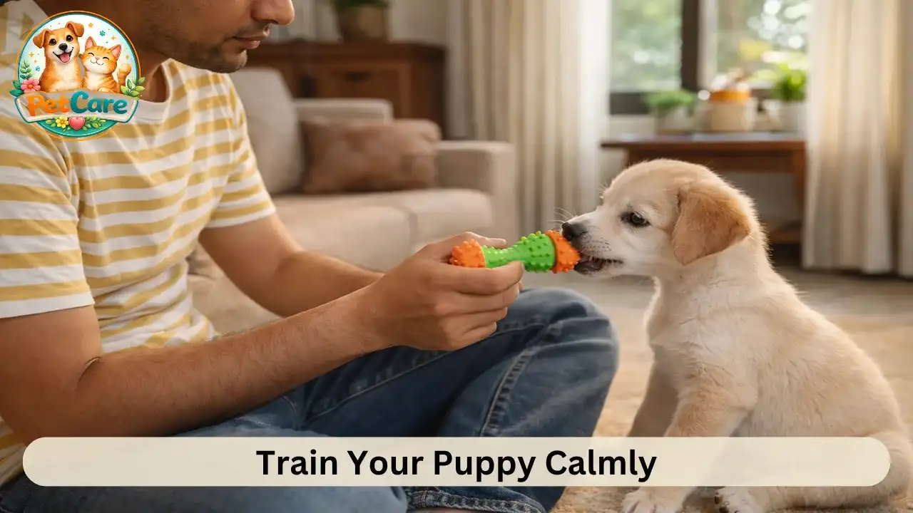 Pet owner guiding puppy to chew a toy instead of biting hands during training