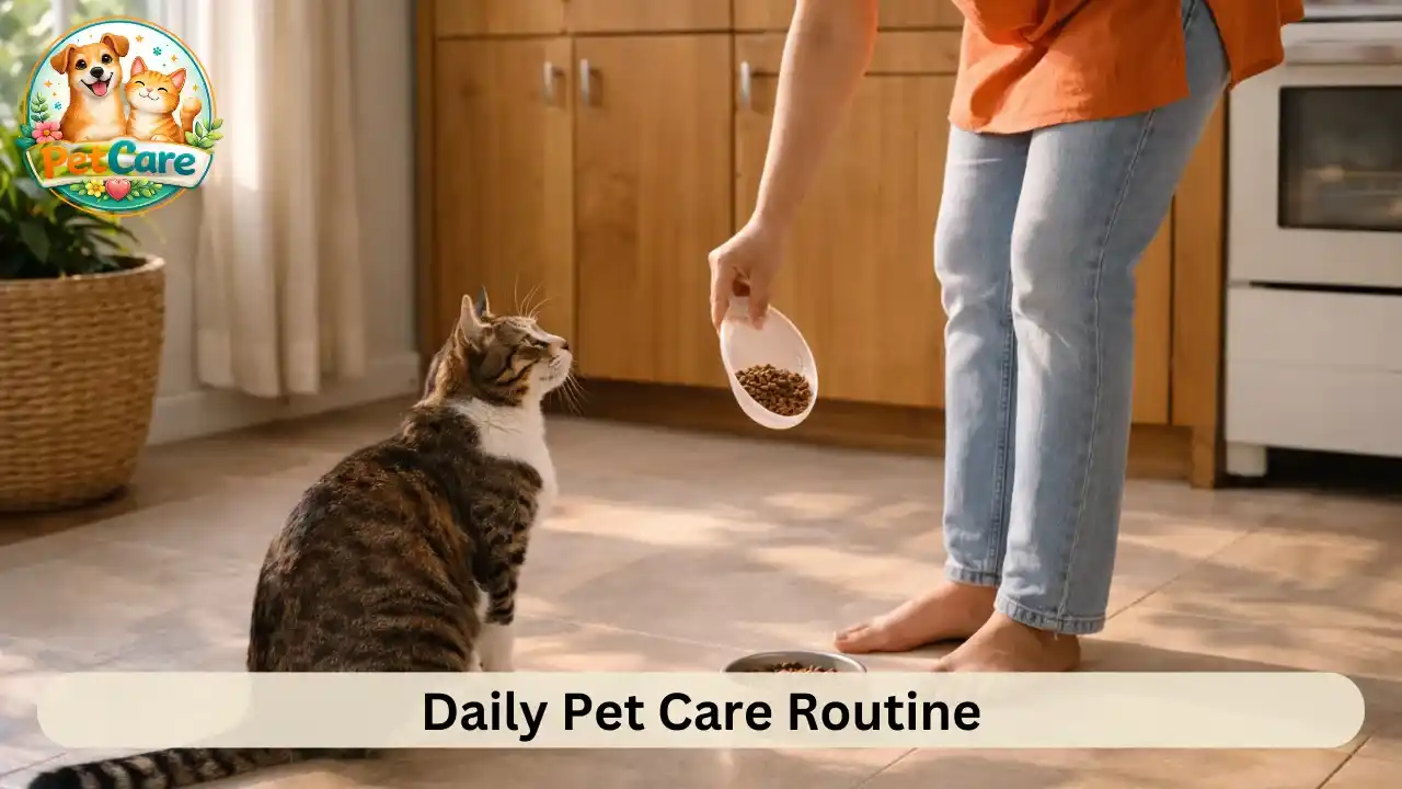Pet owner placing food in a bowl for a cat during a calm morning routine inside the home