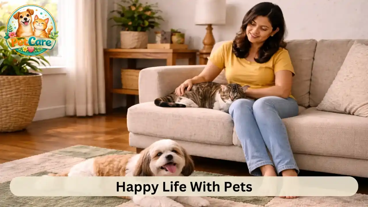 Pet owner relaxing at home with a cat on the sofa and a dog resting on the rug in a peaceful living room setting