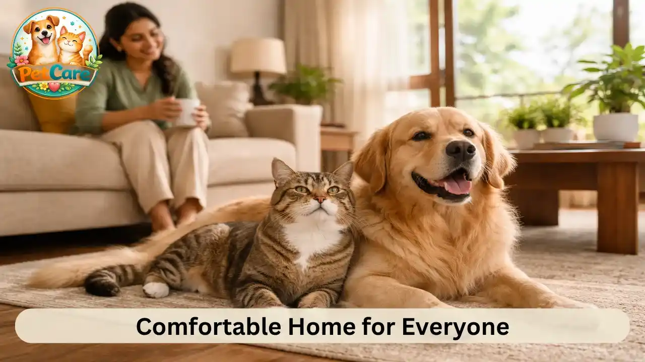 Pet owner relaxing in a clean living room with their dog and cat in a calm home environment.