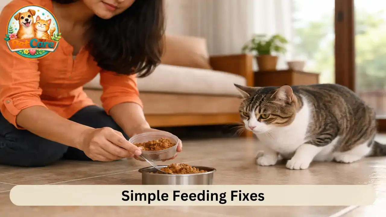 Pet owner serving fresh food to a cat in a clean and calm home environment