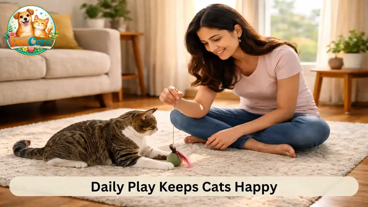 Pet owner spending playtime with their indoor cat in a comfortable living room at home.