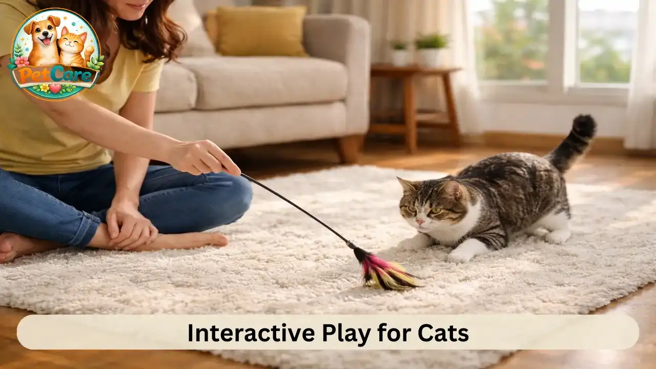 Pet owner using a feather wand toy to play with an indoor cat on the floor of a bright home.