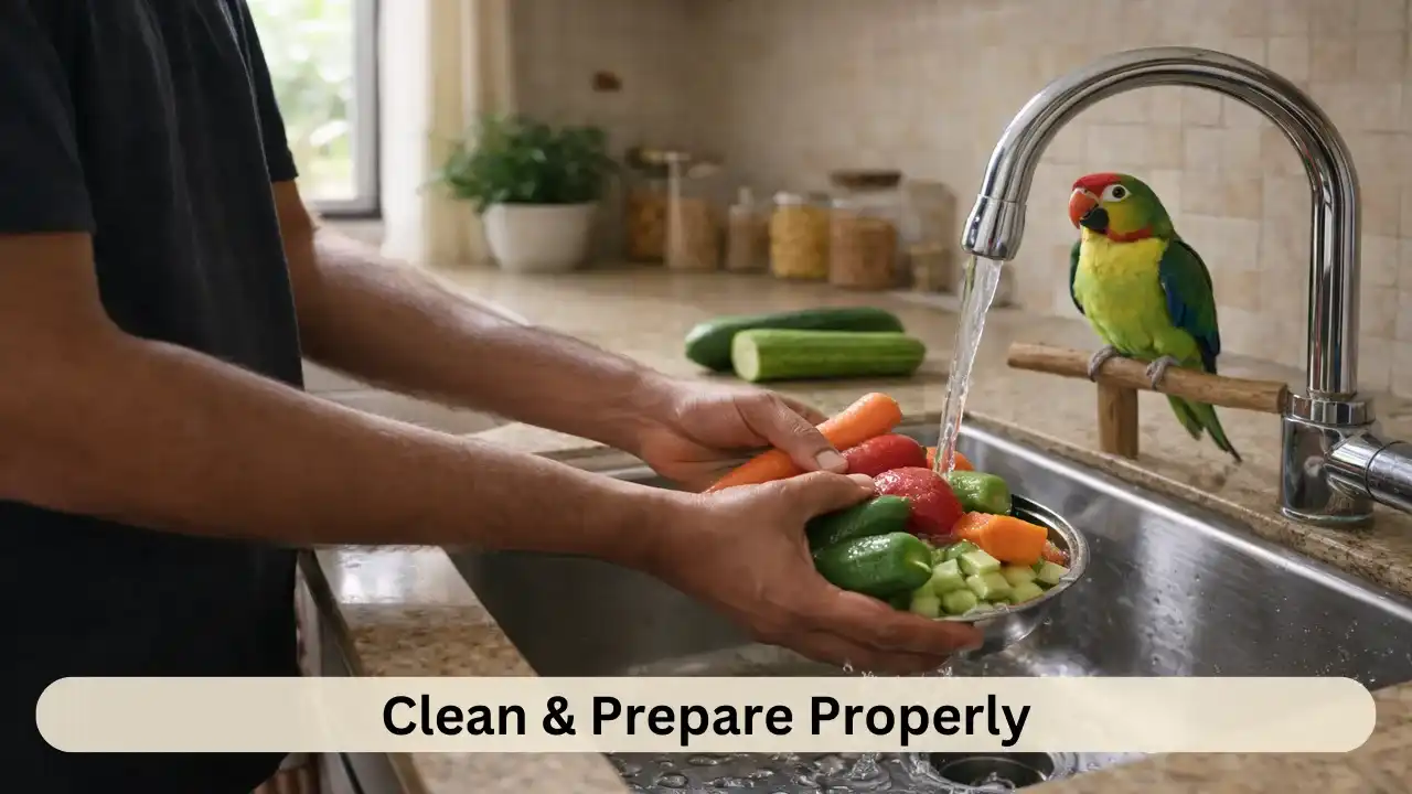 Pet owner washing vegetables in a home kitchen while their parrot sits calmly on a nearby perch.