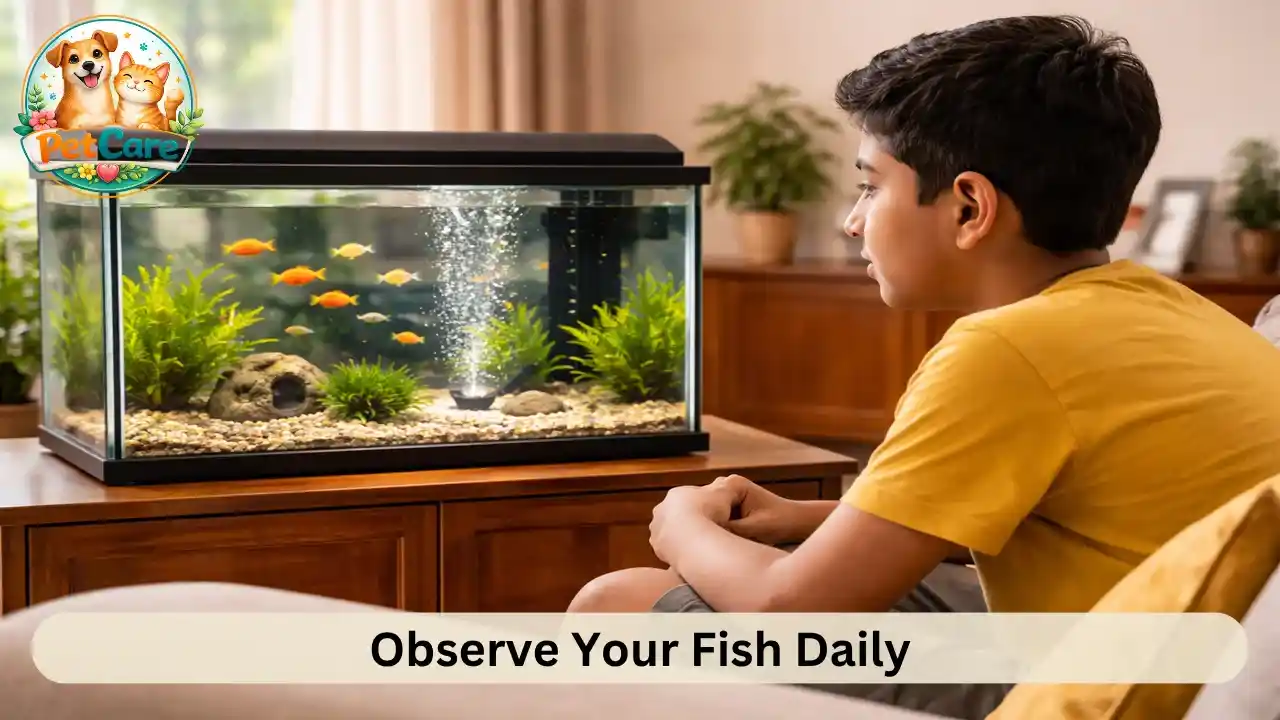 Pet owner watching fish swim peacefully in a home aquarium setting