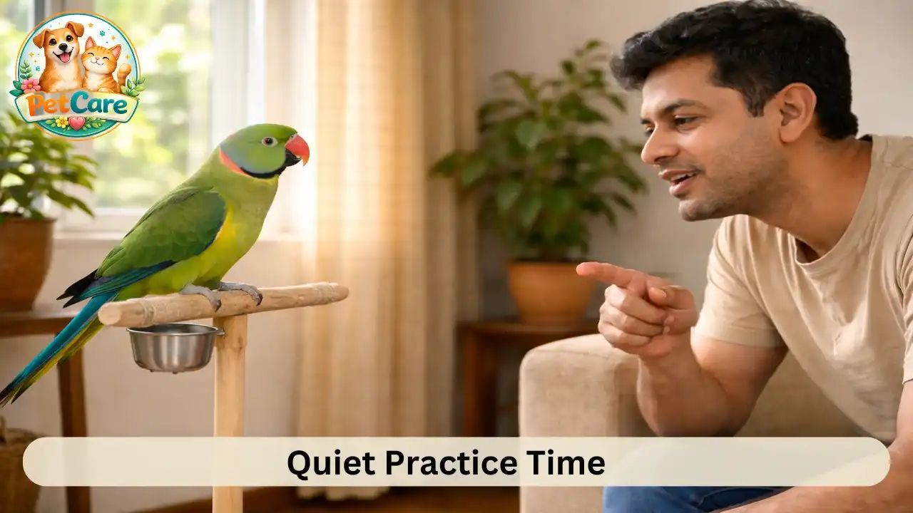 Pet parrot listening to its owner in a calm and quiet room during speech practice.