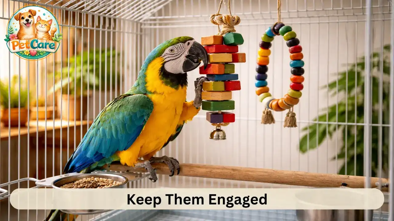 Pet parrot playing with safe chew toys inside a well-arranged cage.