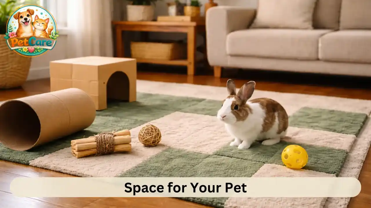 Pet rabbit exploring a small indoor play area inside a bright apartment living room