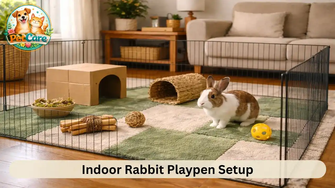 Pet rabbit inside a spacious indoor playpen with mats, toys, and a small hideout in a home setting