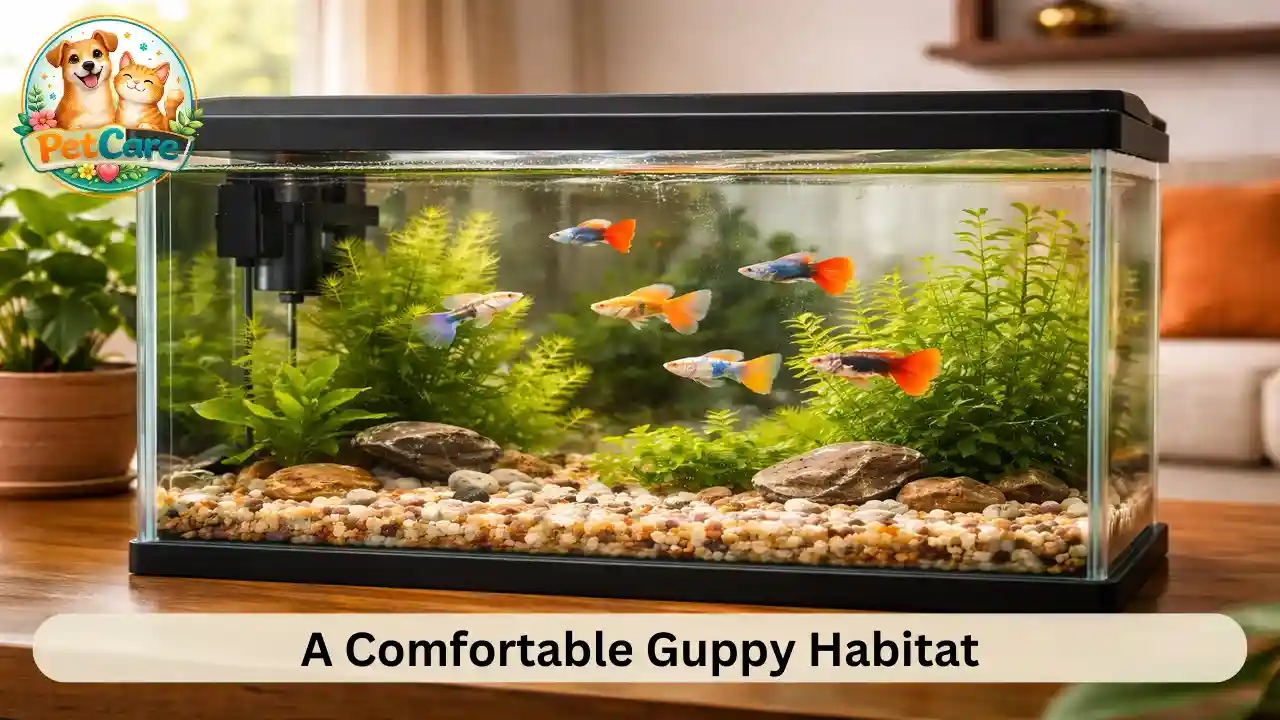 Planted freshwater aquarium designed to create a comfortable environment for guppy fish.